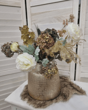 Landelijke zijden boeket in vaas vintage goud (30cm hoog)